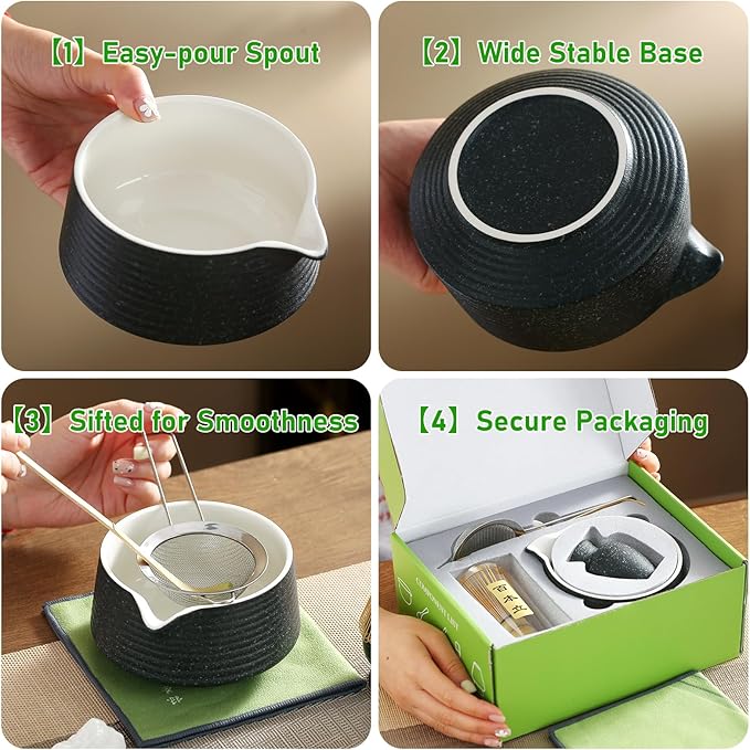 Matcha Whisk Set, Ceramic Matcha Bowl with Spout, Bamboo Whisk, Scoop, Holder, Sifter, Tea Towel, 7-Piece Matcha Kit for Making Breakfast/Latte
