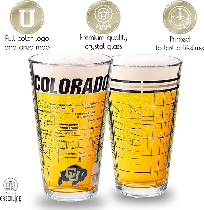 Greenline Goods – University of Colorado Buffaloes College Pint Beer Glasses (Set of 2), 16 oz – Full-Color Logo + Campus Map