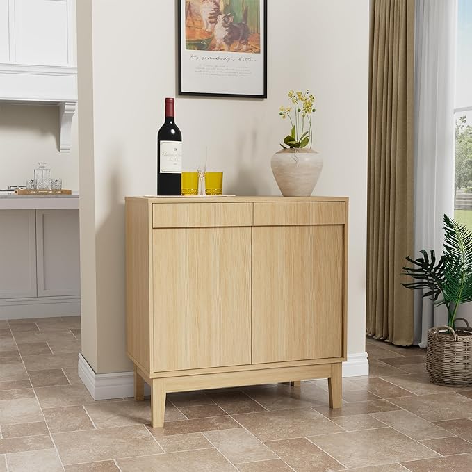 Scurrty Modern Buffet Cabinet with Storage,Wood Color Buffet with Adjustable Shelf and 2 Doors, Natural Wood Grain Accent Cabinet for Living Room & Kitchen