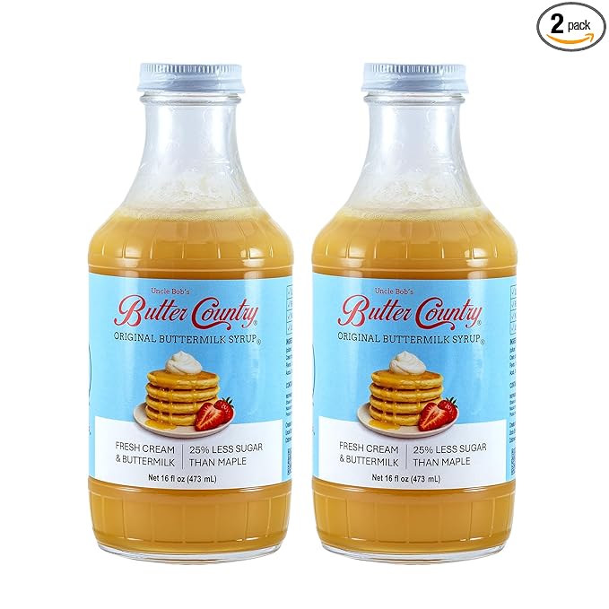 Uncle Bob's Butter Country Original Buttermilk Syrup for Pancakes and Waffles, Less Sugar, No Corn Syrup, Gluten Free, Made without Artificial Flavors, 16 fl oz Bottle/2 Pack