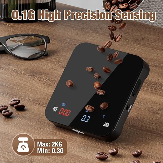 Professional Mini Coffee Scale with Timer, Diyife Rechargeable Espresso Scale, 2kg/0.1g Accurate Scale for Pour-Over Coffee, Portable Digital Kitchen Scale for Drip Coffee, French Press