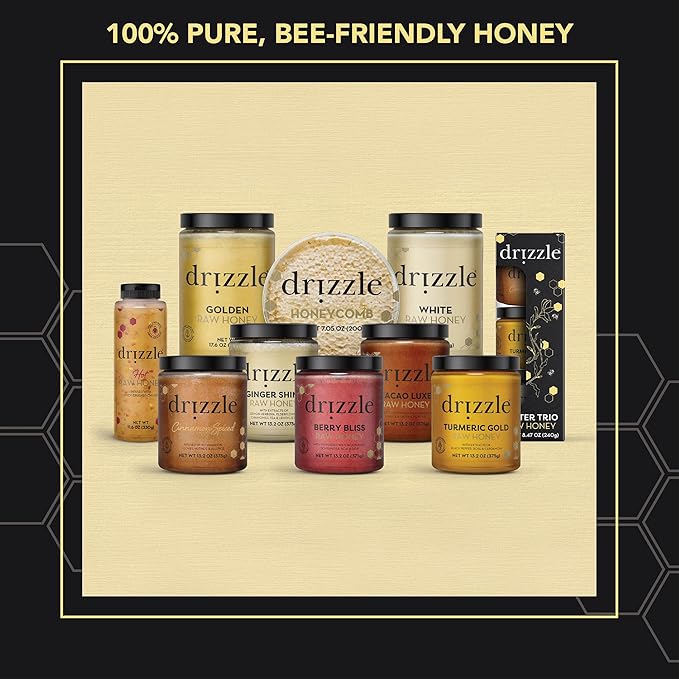 Drizzle Turmeric Gold Raw Honey - All Natural Pure Raw Honey with Organic Turmeric, Unfiltered, Use in Tea, Golden Milk, & Coffee, Sugar Substitute, Certified Kosher - 13.2 oz Jar (375 g), Pack of 2