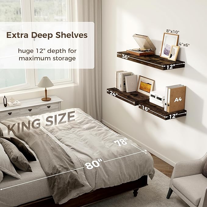 12 Inch Deep Floating Shelves, 24 x 12 Floating Shelf for Books, Rustic Wood Deep Wall Shelves for Home Storage & Display, 2" Thicked Shelves for Kitchen, Living Room, Bedroom, Rustic Brown, 1 Pack