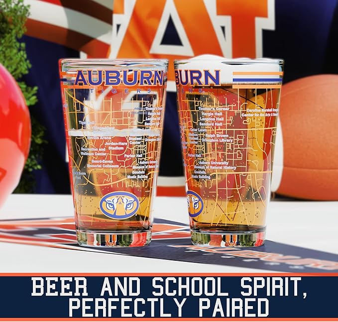 Greenline Goods – University of Auburn Tigers College Pint Beer Glasses (Set of 2), 16 oz – Full-Color Logo + Campus Map