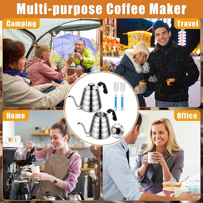 2 Sets Tea Kettle with Thermometer Pot and 2 Pcs Brushes, 40 Fl oz Stainless Steel Gooseneck Pour over Coffee Maker Teapot Pour over Coffee Kettle, 1200ml for Home Kitchen Camping