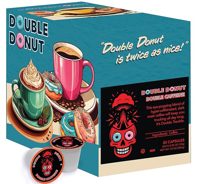 Double Donut Coffee High Caffeine Coffee Pods, Extra Strong Double Caffeine Dark Roast Coffee,Compatible with Keurig K Cups Brewers, 20 Count (Pack of 2)