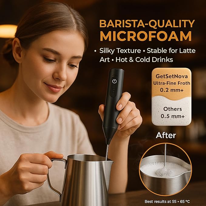 Milk Frother for Coffee, Rechargeable Electric Handheld Frother Wand with Dual Whisk, 3 Speed Settings, Fast Recharge, Powerful Motor, Handheld Mixer Electric 1 Year Warranty