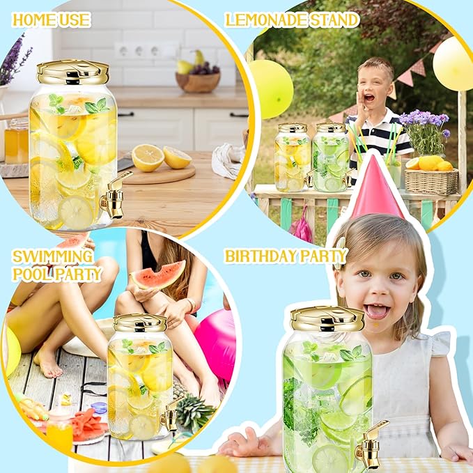 Havawish 2 Pcs 1 Gallon Plastic Beverage Dispenser with Spigot Clear Summer Kitchen Fridge Drink Dispenser for Parties Lemonade Juice Tea Beer Cold Water(Gold,Cylinder)