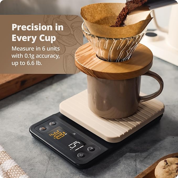 Greater Goods Digital Coffee Scale with Timer – Accurate 0.1g Precision, Multi-Color Display, Waterproof & Heat-Resistant Cover, for Pour-Over, Espresso, French Press, and Kitchen Use (Birch White)