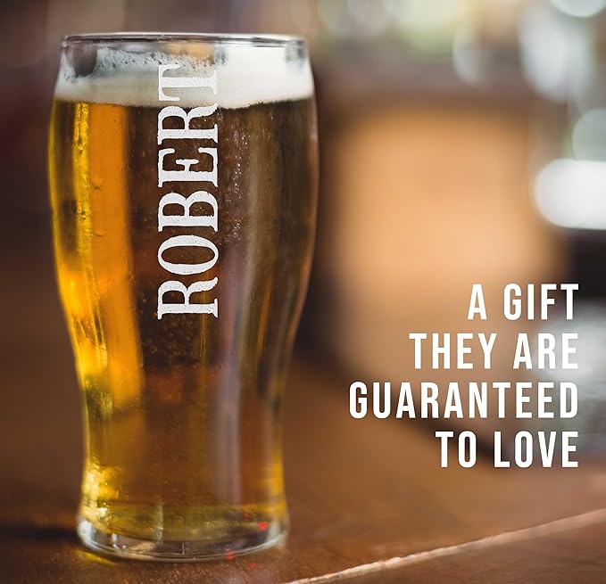 Personalized Etched 20oz Pub Pint Glass – Beer Gifts for men, Custom Engraved Drinking Glasses, Customized Retirement, Birthday for Him, Gifts for Dad Fathers Day, Groomsmen, Wedding, Vertical Name