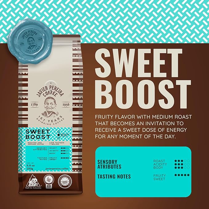 Javier Pereira Coffee - Sweet Boost Colombian Specialty Coffee – Medium Roast – 100% Arabica – Certified Café de Colombia – Sweet Fruity Notes – Ground - 8.8 Oz