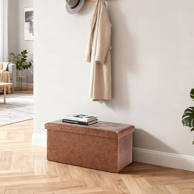 DUMOS 30 Inch Folding Storage Ottoman Bench - Synthetic Leather Footrest Stool with Storage Chest for Living Room & Bedroom, 660 LB Load Capacity, Modern Brown