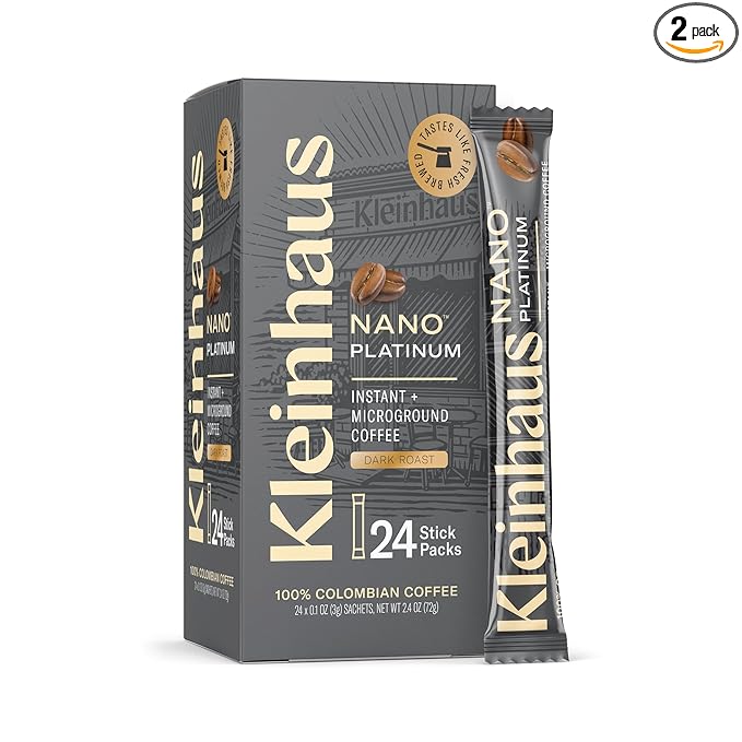 Kleinhaus Dark Roast Nano Single-Serve Instant Coffee + Microground | 100% Colombian Arabica Coffee | Freeze dried | Fresh Brewed Taste | 2 X 24 Packets