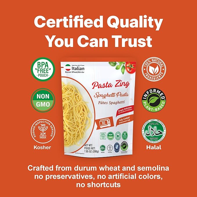 Pasta Zing Fully Cooked Spaghetti Pasta, Ready to Eat in 1 Minute, 14g Protein per Pack, Al Dente Bite, Shelf-Stable Italian Durum Wheat Pasta, BPA-Free Pouch, 7.05 oz Pack of 7