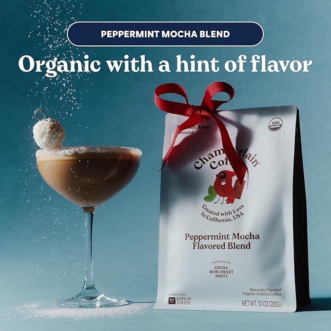 Chamberlain Coffee Peppermint Mocha Blend – Medium Roast Whole Bean Coffee, Smooth and Rich with Sweet Cocoa and Refreshing Peppermint Notes, Hand Roasted in Small Batches - 10 oz