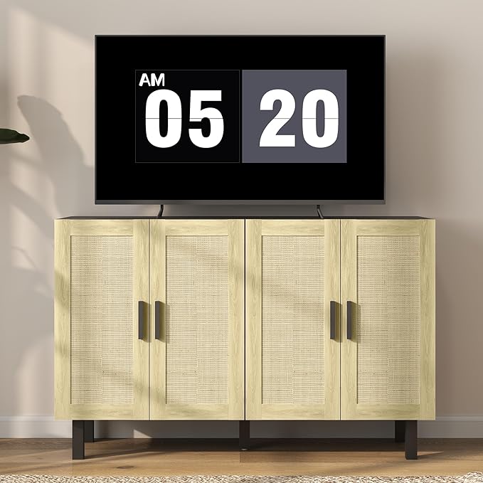 HOMCOM Boho Sideboard Buffet Cabinet, Coffee Bar Cabinet with 4 Rattan Doors and Adjustable Shelves for Kitchen, Living Room, Black and Natural