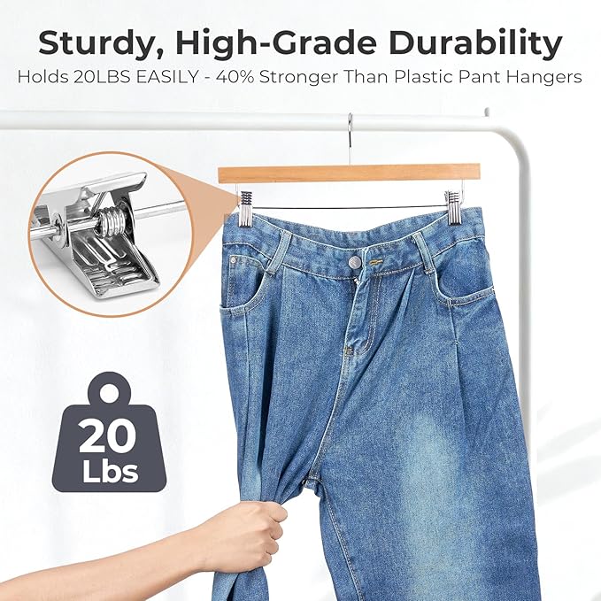 HOUSE DAY Premium Wooden Pants Hangers 50 Pack, Solid Lotus Wood Skirt Hangers with 2-Adjustable Clips, Heavy Duty & Anti Slip Wood Bottom Hanger for Slacks, Jeans, Trousers, Shorts (Natural)