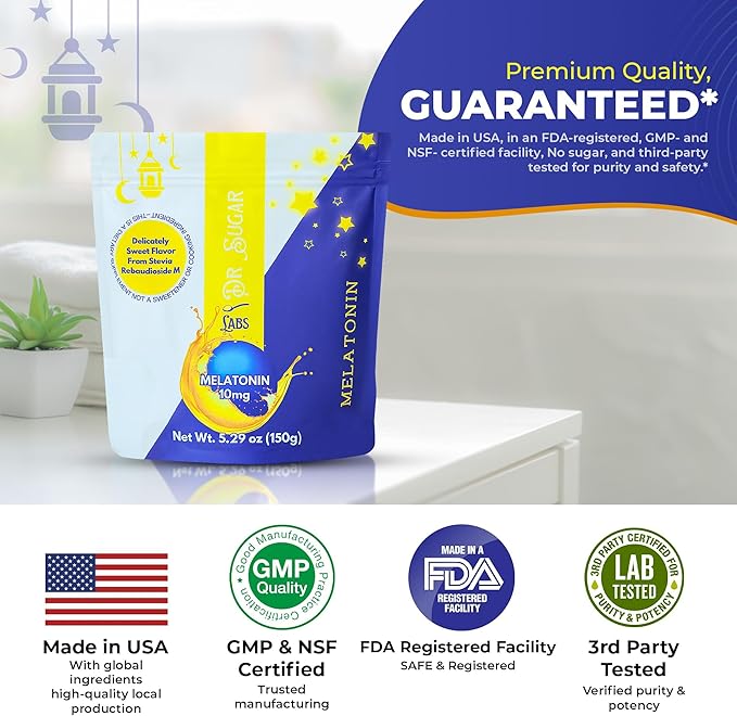 Dr Sugar Labs Sleep Aid Sweet Melatonin Blend – Sugar Replacement for Tea – 10mg Melatonin with L-Theanine, GABA & Fiber – Zero Sugar, Stevia-Sweetened – Made in USA, Third Party Tested – 30 Servings