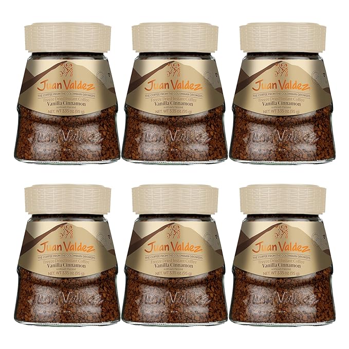 Juan Valdez Freeze-Dried Instant Coffee - Vanilla Cinnamon Flavor | 100% Colombian Arabica Beans | Sweet & Aromatic 100% Colombian Coffee | 3.35 oz / 95 g Jar | Easy to Prepare | 6 Pack