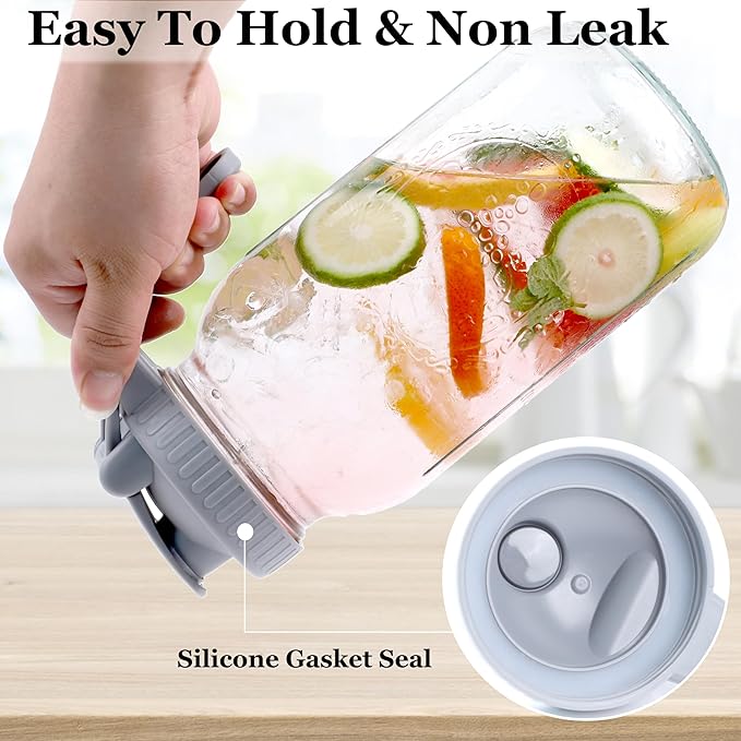 Mason Jar Pitcher Wide Mouth 2 Pack 32 OZ Glass Jars With Pour Spout Lids Airtight Leak-proof 1 Quart Water Pitcher With Handle For Iced Tea, Milk, Sun Tea, Lemonade, Iced Coffee