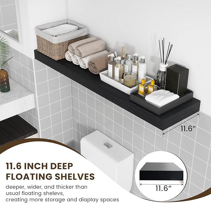 48 Inch Black Floating Shelf | 12 Inch Deep Floating Shelves Set of 1 | 48" D x 12" D Rustic Wood Shelves for Wall | Deep Black Shelves for Living Room Bathroom Laundry Room Kitchen
