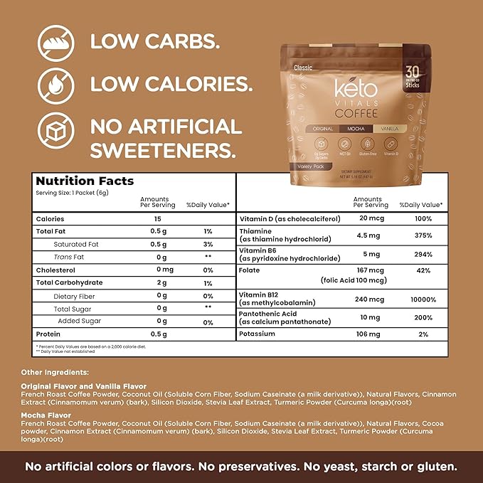 Keto Vitals Instant Keto Coffee Powder with MCT Oil & Vitamins - Low-Calories, Low-Carb, No Artificial Sweeteners – Energy & Metabolism Support – 30 Single-Serve Sticks (Original, Vanilla & Mocha)