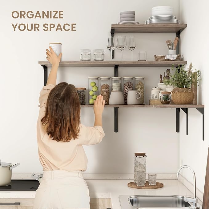Fun Memories Floating Shelves for Wall, 12 Inch Deep Floating Shelves Set of 2, Wall Mounted Shelf with Metal Brackets, Rustic Wood Wide Shelf for Bathroom, Kitchen and Living Room, Grey, 24W x 12D