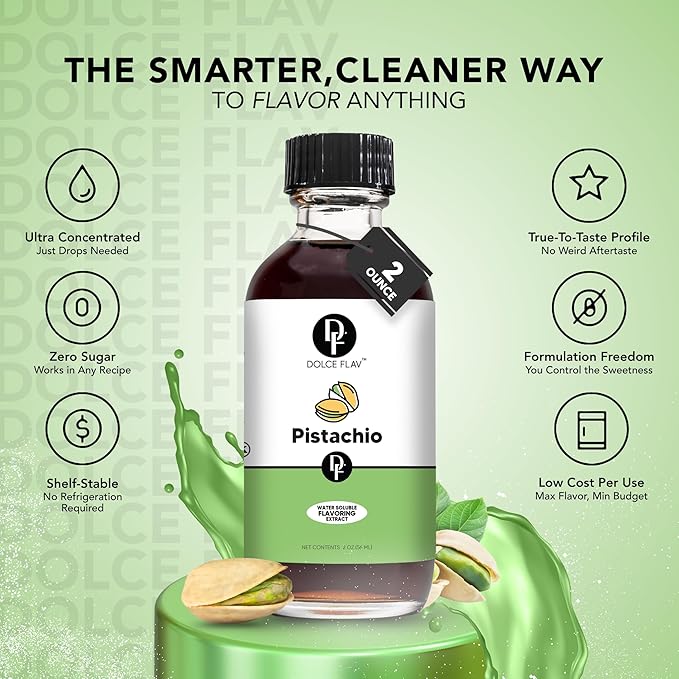 Dolce Flav Pistachio Extract – 8 Ounce Water-Soluble Kosher, Sugar-Free, Concentrated Nutty Pistachio Flavor for Baking, Ice Cream & Pastries, Includes Measured Dropper