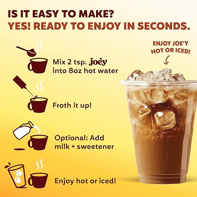 Joey Mushroom Coffee Alternative with Cacao Dandelion Root, and Chicory, Instant Mushroom Coffee Substitute with Superfoods, Vegan Gluten-Free Energy Drink for Focus and Calm, 18 Servings
