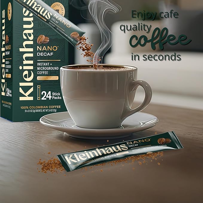 Kleinhaus Decaf Nano Single-Serve Instant Coffee + Microground | 100% Colombian Arabica Coffee | Freeze dried | Fresh Brewed Taste | 24 Packets