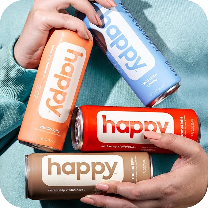 happy coffee canned caramel latte, 11 oz. cans, 12 pack, notes of marshmallow & comfort, 100% arabica beans, no artificial flavors or sweeteners
