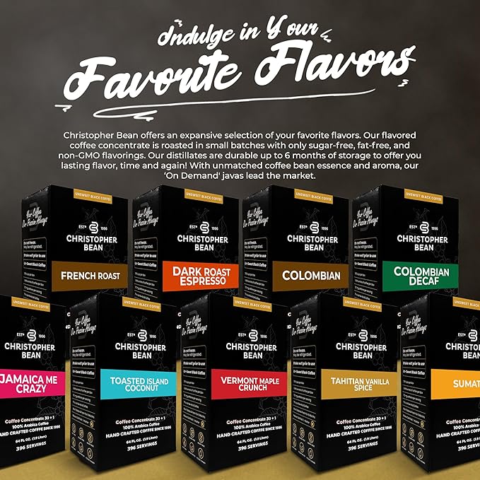 Christopher Bean Coffee - 396 servings, 30 to 1 Blend Bag in Box Liquid Instant Coffee or Cold Brew Coffee Concentrate - Hot or Iced Coffee - Jamaica Me Crazy