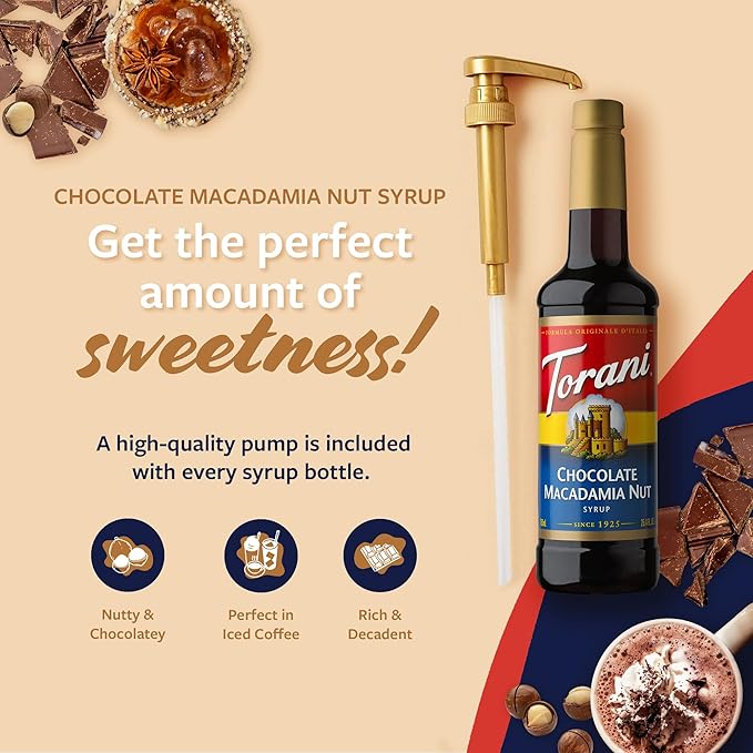 Torani Coffee Syrup, Chocolate Macadamia Nut Flavored Syrup for Drinks, Pump Included, 25.4 Fl Oz