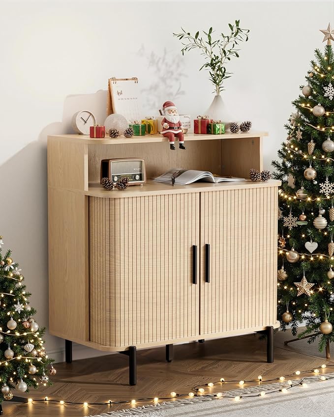 SUNCOZE Fluted Storage Cabinet with Sliding Tambour Doors, Sideboard Buffet Cabinet with Storage, Modern Accent Coffee Bar for Kitchen, Entryway, Living & Dining Room (Wood)