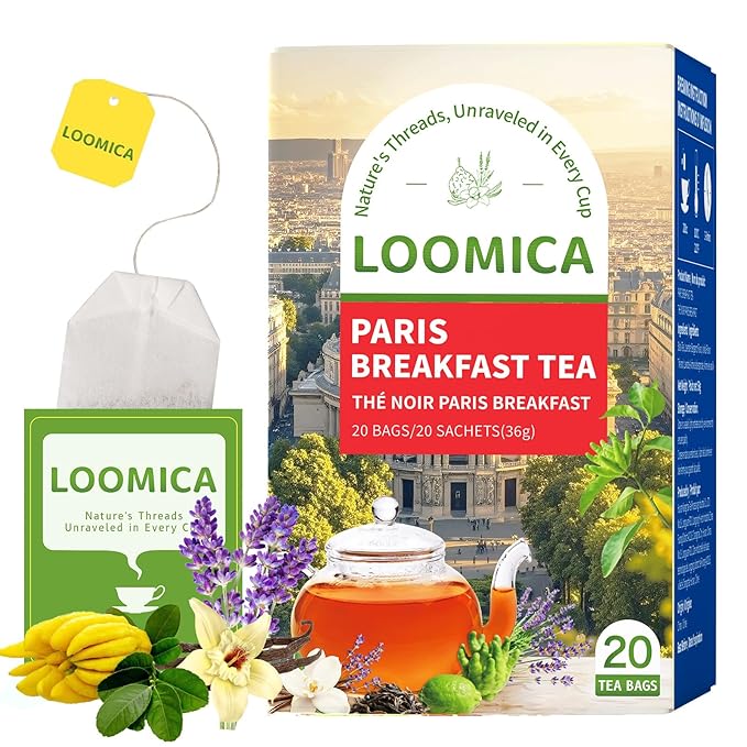 LOOMICA Paris Breakfast Black Tea, Smooth Black Tea Blend with & Natural Lavender, Refreshing Bergamot & Sweet Vanilla, Rich Morning Tea, Perfect with Milk or Honey, No Artificial Sugar Added, 20 Count