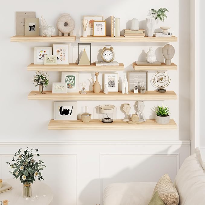 Fun Memories Wood Floating Shelves Set of 2, Rustic Pine Wood Floating Shelves for Wall Mounting, Wide Wall Shelf for Home Decor and Storage, 16" W x 7" D, Natural Unfinished, DIY Stain