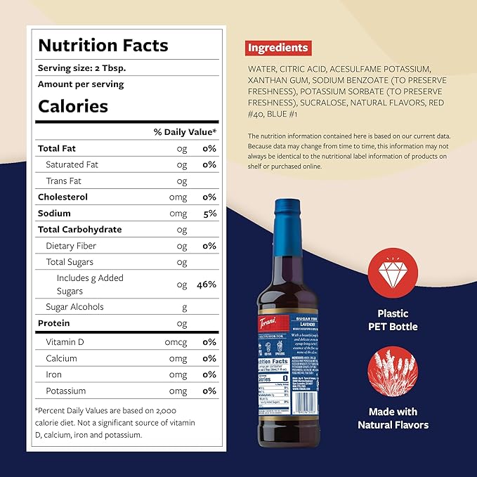 Torani Sugar Free Syrup, Lavender Flavoring for Drinks, Zero Calorie, Pump Included, 25.4 Fl Oz