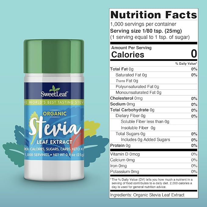 SweetLeaf Organic Pure Stevia Powder Shaker Jar - Zero Calorie Sweetener with Pure Stevia Leaf Extract, 1000 Servings per Container, No Additives, Sugar Free, Keto Friendly - 0.9 Oz (Pack of 2)