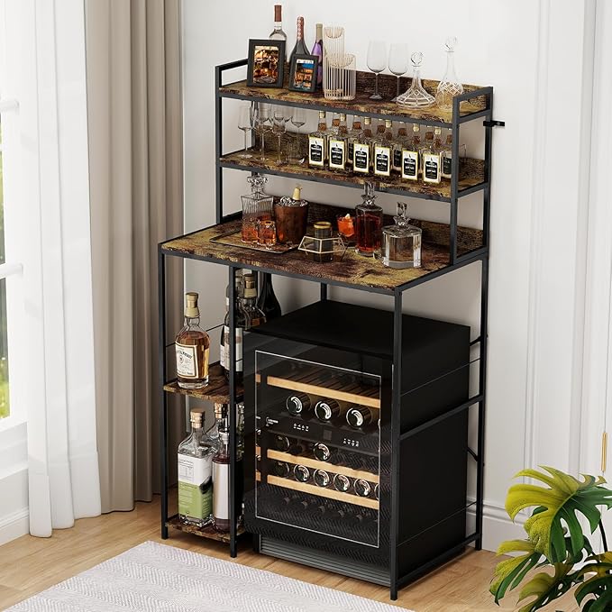ELECWISH Mini Fridge Stand with Storage Shelves, 5-Tier Kitchen Bakers Rack, Space Saving Mini Fridge Cabinet, Adjustable Left/Right Organizer with Power Outlet, Brown