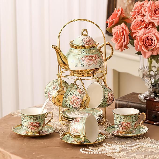 20 Pieces Porcelain Tea Set With Metal Holder, European Ceramic tea set for adults,Flower Tea Set,Tea Set For Women With Flower Painting（Light Green）