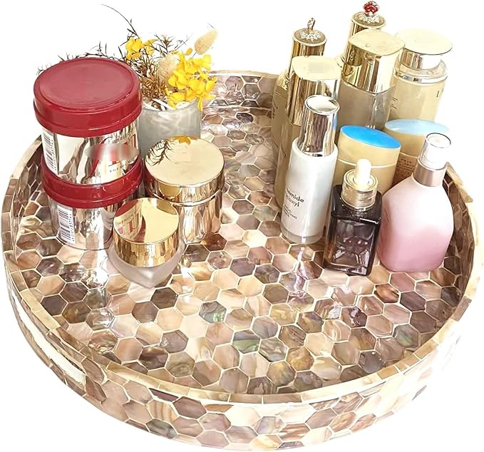i-lan 16 Inch Mother of Pearl Inlay Decorative Serving Tray with Handles,Round Wooden Marble Decorative Mosaic Home Serving Tray Platter for Tea,Breakfast,Display