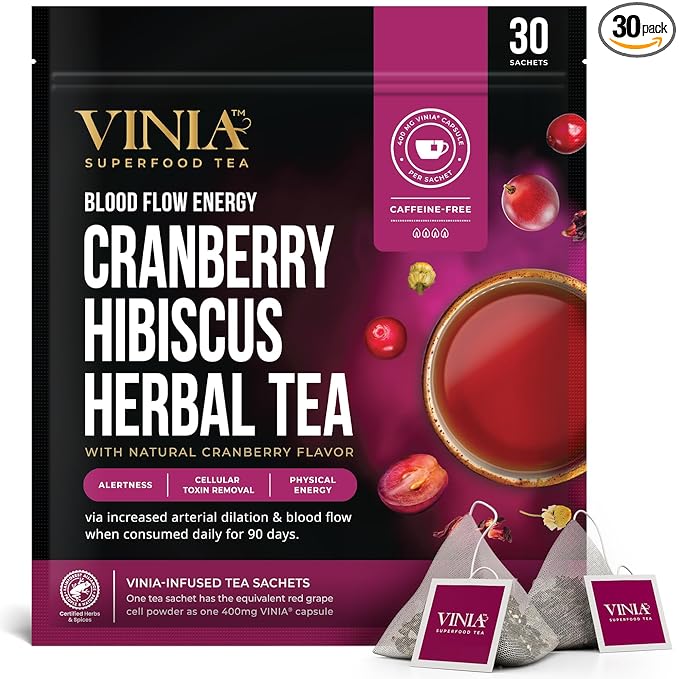 VINIA Cranberry Hibiscus Herbal Tea Bags, Made with Organic Herbal Tea, Infused with Piceid Resveratrol for Heart Health, Nitric Oxide, Physical Energy, Alertness, Blood Flow, Keto, Kosher, NON-GMO. 30 Ct