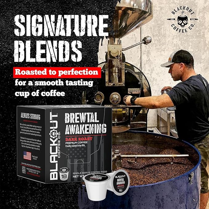 Blackout Coffee Brewtal Awakening Dark Roast Coffee – HIGH CAFFEINE, Bold & Strong, Fuel Your Mission – 18 Count Coffee Pods