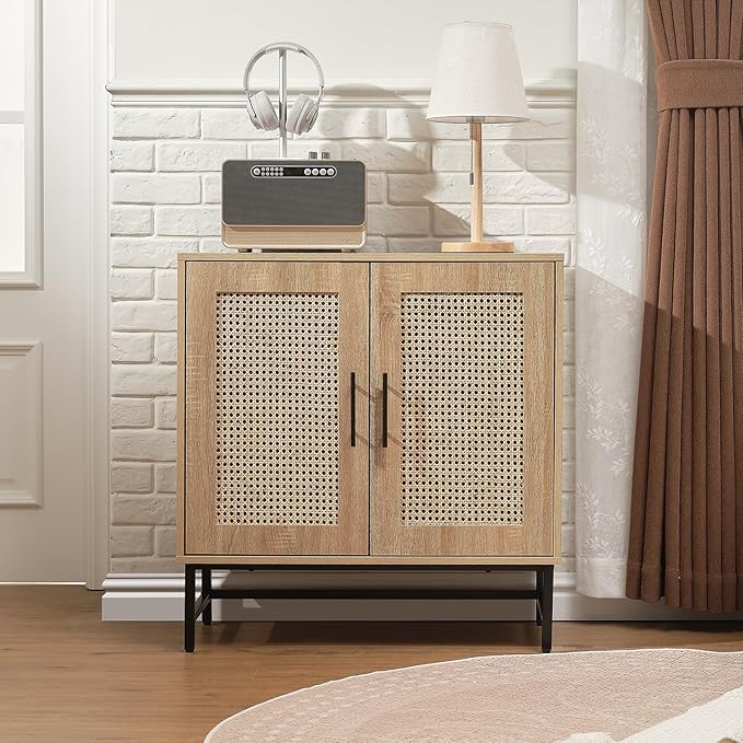 Storage Cabinet with PE Rattan Door, Sideboard Buffet Kitchen Cabinet, Modern Stylish Accent Furniture for Dining Room, Bedroom, Hallway, Living Room, Coffee Bar, Corner, Natural