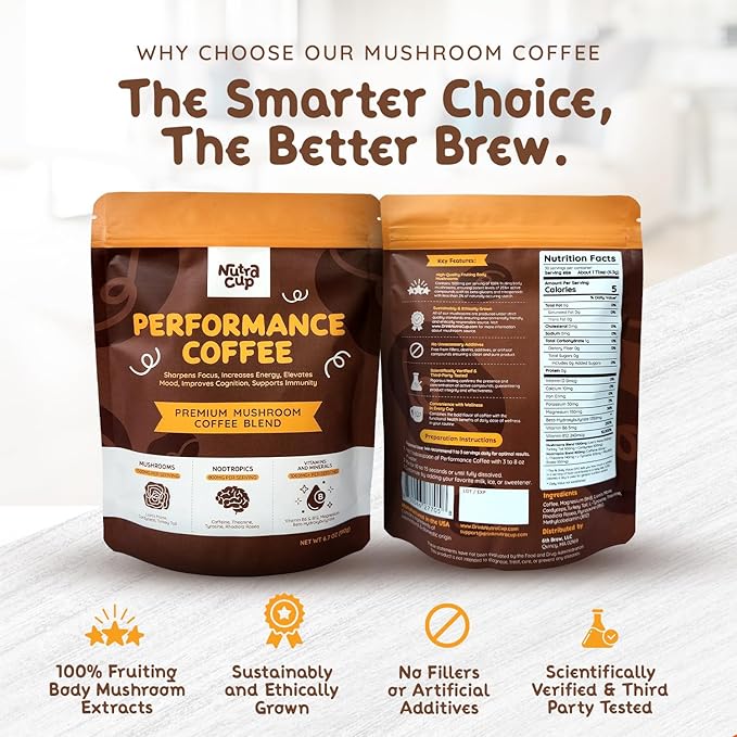 NutraCup Premium Adaptogenic Mushroom Coffee with Lions Mane, Cordyceps, Turkey Tail, & Nootropics for Better Focus, Energy, Digestion, and Immunity - 30 Servings