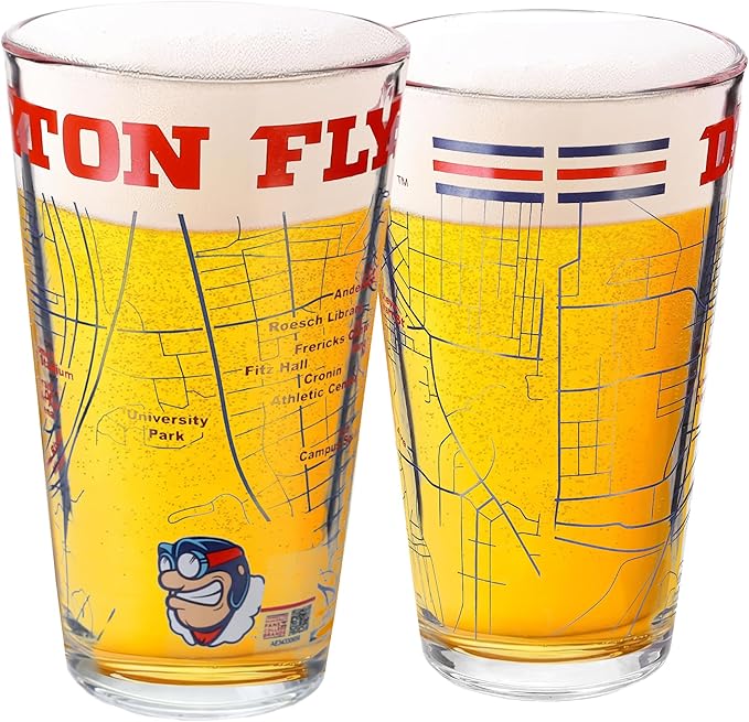 Greenline Goods – University of Dayton Flyers College Pint Beer Glasses (Set of 2), 16 oz – Full-Color Logo + Campus Map