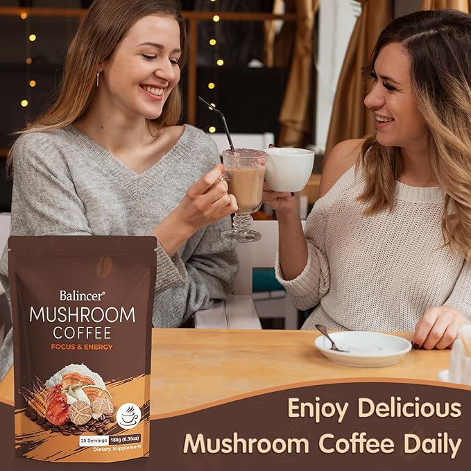 Mushroom Coffee, 6 Adaptogenic Mushrooms with Lion's Mane, Cordyceps, Turkey Tail & More, Instant Mushroom Coffee for Focus, Energy, Immune & Digestion Support