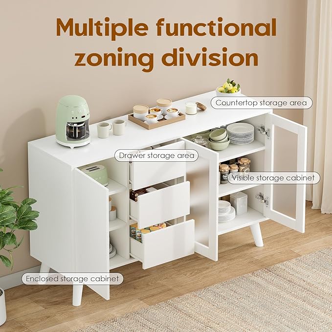 Soohow Farmhouse Buffet Cabinet, 55.5" Coffee Bar with 3 Drawers and Pop-Up Doors, Large Rustic Sideboard for Dining Room, Kitchen, Hallway, and Living Room