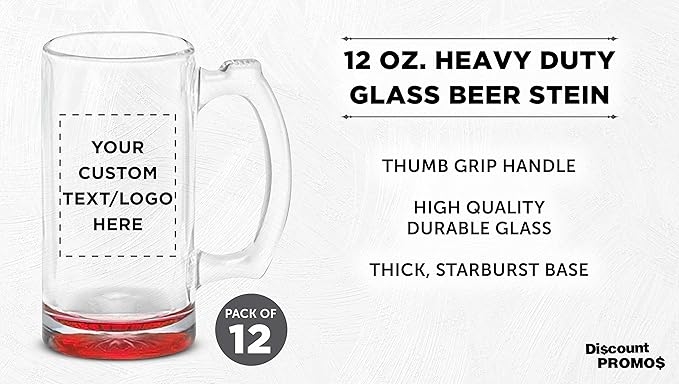 12 Libbey Beer Mugs Set, 12 oz. - Customizable Text, Logo - Groomsmen Glassware - Red