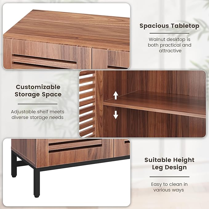 JOMEED Buffet Sideboard Cabinet with Grille-Striped Doors & Adjustable Shelf, Wood Storage Cabinet for Kitchen, Dining Room, Living Room, Entryway Walnut